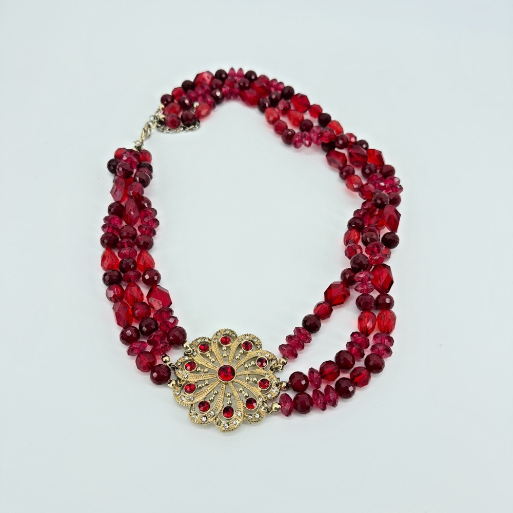 Vintage Multi Strand Red Glass Bead Necklace Gold Tone Starburst